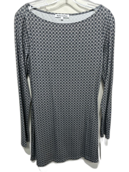 Reformation Size Small Gray & Black Tencel Long Sleeve Geo Print Wide Neck Dress Gray & Black / Small