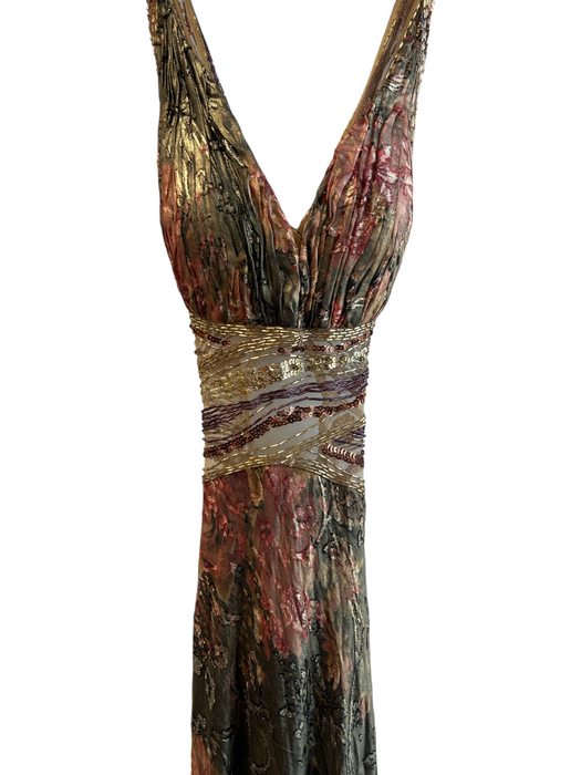 Sherri Hill Size 2 Multi Silk Beaded Detail V Neck Floor Length Open Back Gown Multi / 2