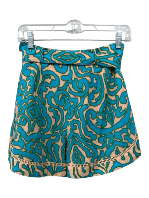 Anna Cate Size S Blue & Beige Cotton Back Zip All Over Print Belt Shorts Blue & Beige / S