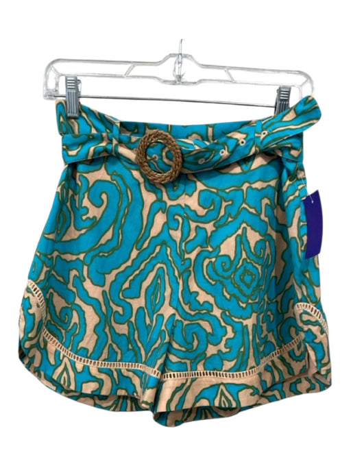 Anna Cate Size S Blue & Beige Cotton Back Zip All Over Print Belt Shorts Blue & Beige / S