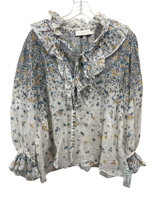 Zimmermann Size 3/L White, Blue, Yellow Ramie Long puff sleeve Floral Print Top White, Blue, Yellow / 3/L