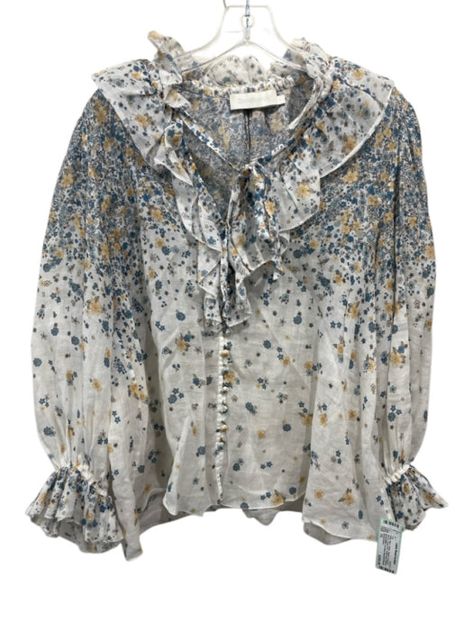 Zimmermann Size 3/L White, Blue, Yellow Ramie Long puff sleeve Floral Print Top White, Blue, Yellow / 3/L