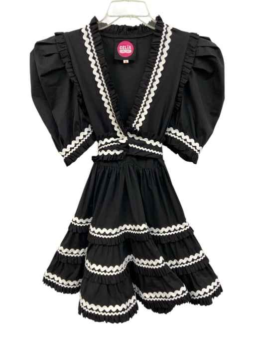 Celia B Size S Black & White Cotton & Nylon Short Puff Sleeve Ruffles Mini Dress Black & White / S