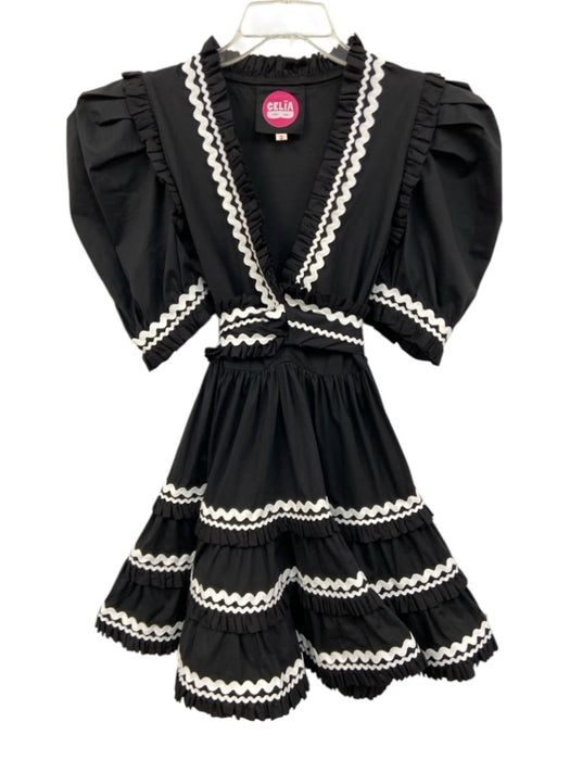 Celia B Size S Black & White Cotton & Nylon Short Puff Sleeve Ruffles Mini Dress Black & White / S