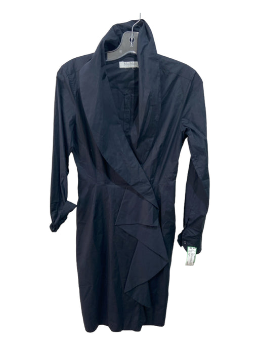 Max Mara Size S/6 Navy Blue Cotton Ruffle Accent Long Sleeve Collar Dress Navy Blue / S/6