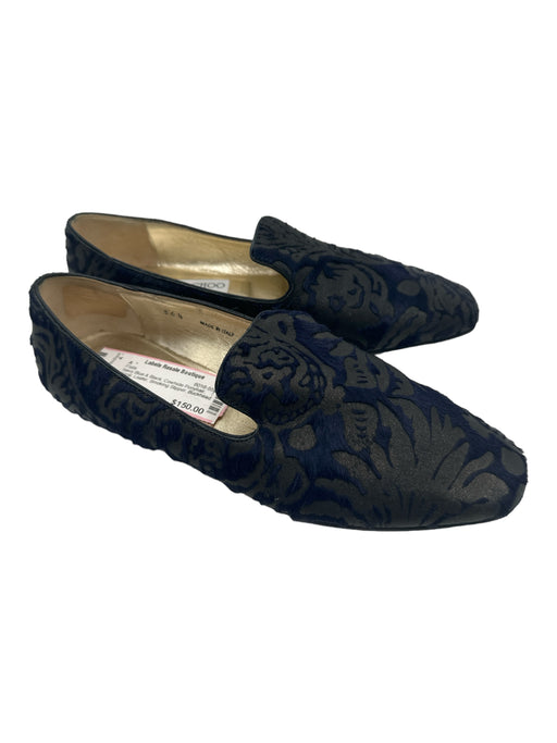 Jimmy Choo Shoe Size 36.5 Navy Blue & Black Cowhide Ponyhair Floral Loafer Flats Navy Blue & Black / 36.5