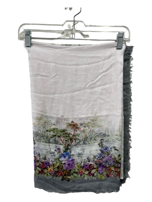 Etro White, Gray & Multi Modal Floral Square Frayed Trim scarf White, Gray & Multi