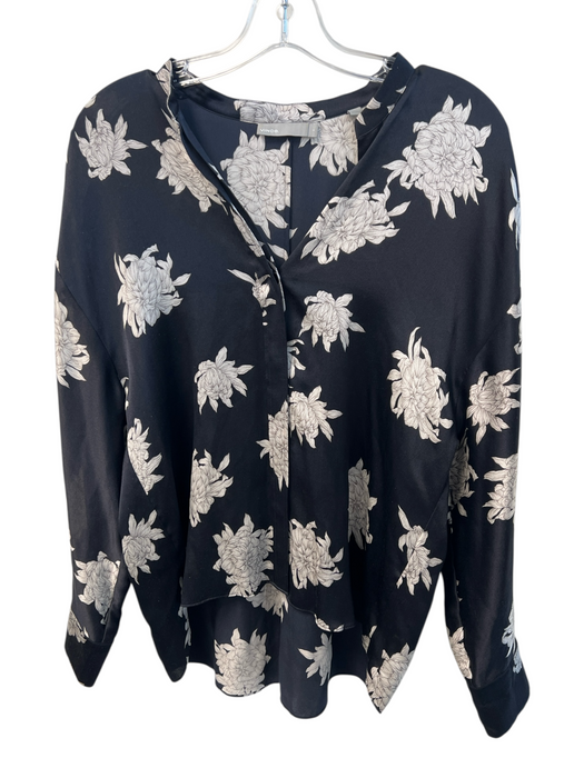 Vince Size S Navy Blue Silk Long Sleeve Floral Print V Neck Button Down Top Navy Blue / S