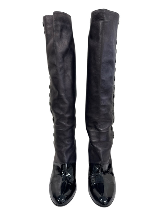 Chanel Shoe Size 41.5 Black Lambskin Leather Patent Leather Button Up Boots Black / 41.5