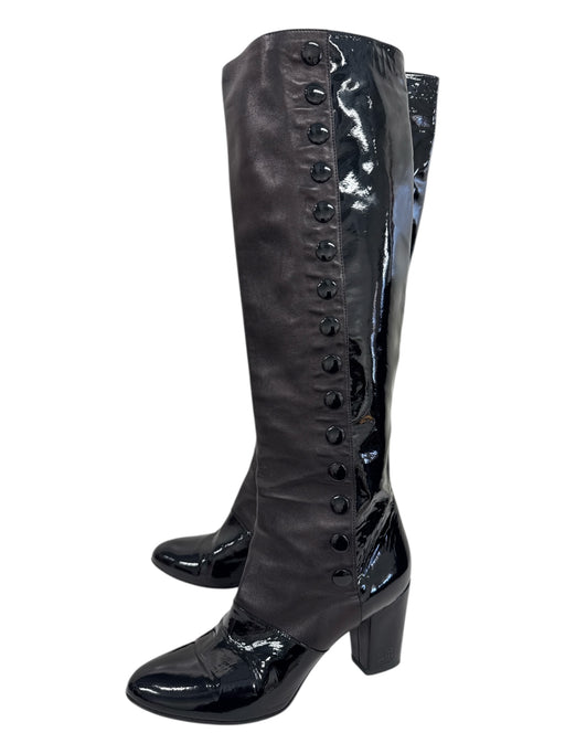 Chanel Shoe Size 41.5 Black Lambskin Leather Patent Leather Button Up Boots Black / 41.5