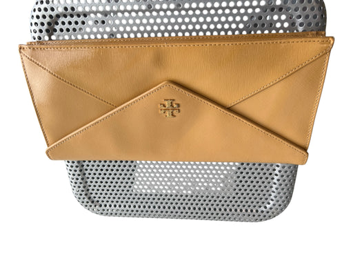 Tory Burch Yellow Ochre Coated Leather Canvas Lining Logo Envelope Clutch Bag Yellow Ochre