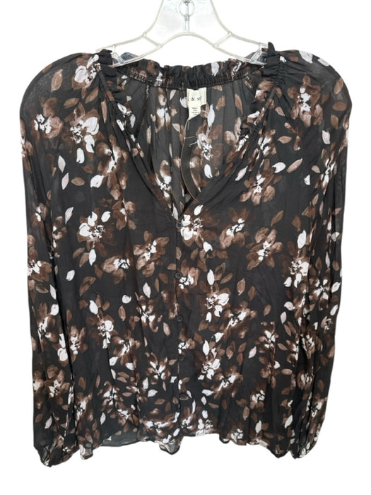 Cloth & Stone Size L Brown & White Rayon Floral Sheer Button Up & Collar Blouse Brown & White / L