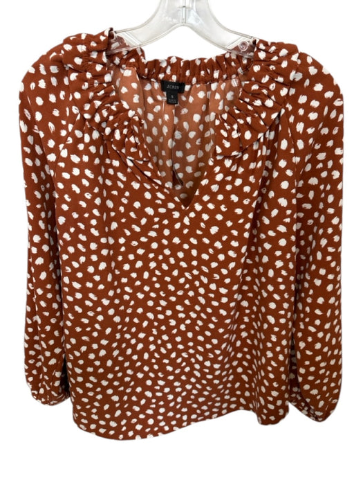 J Crew Size S Brown & White Polyester Polka Dots V Neck Ruffle collar Blouse Brown & White / S