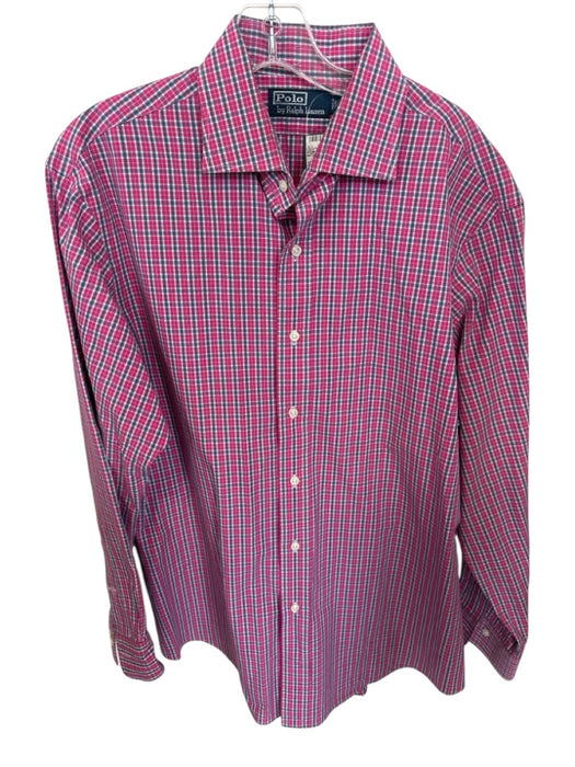 Polo Size 16.5 Pink & Teal Cotton Plaid Button Up Collar Men's Shirt Pink & Teal / 16.5