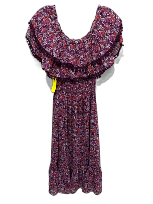 Misa Size M Purple, Red, Pink Viscose Shirred Waist Floral Pom Pom Trim Dress Purple, Red, Pink / M