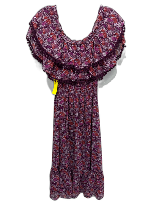 Misa Size M Purple, Red, Pink Viscose Shirred Waist Floral Pom Pom Trim Dress Purple, Red, Pink / M