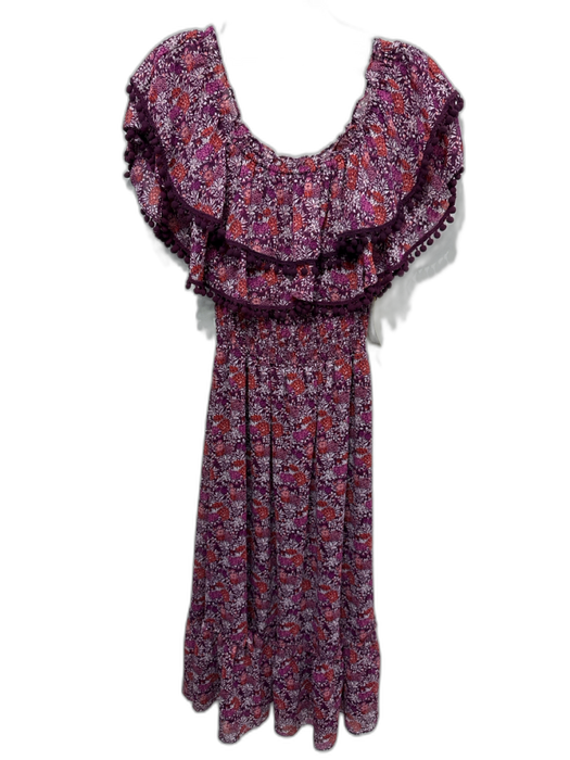 Misa Size M Purple, Red, Pink Viscose Shirred Waist Floral Pom Pom Trim Dress Purple, Red, Pink / M