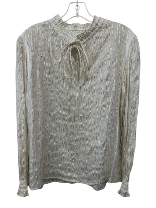 Ba&sh Size 10 Gold & Cream Viscose Blend Long Sleeve Striped Smocked Sheer Top Gold & Cream / 10