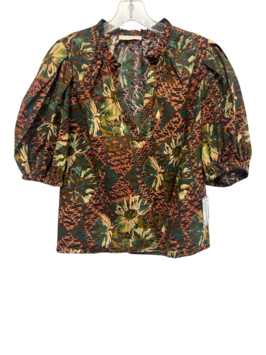 Ulla Johnson Size 10 Orange, Yellow, Brown Cotton Short Puff Sleeve Top Orange, Yellow, Brown / 10