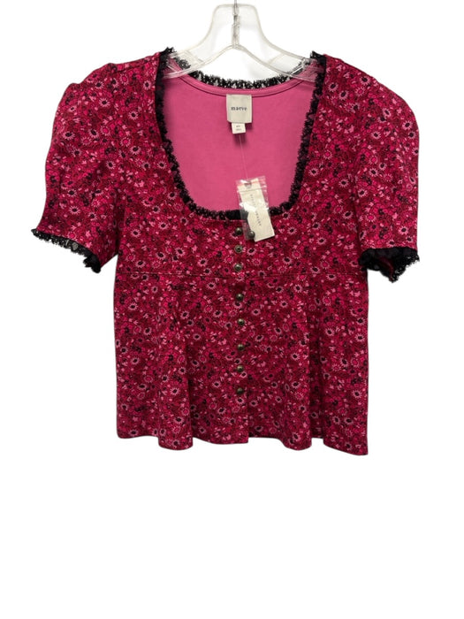 Maeve Size XS Pink, Red, Black Viscose & Nylon Short Puff Sleeve Square Neck Top Pink, Red, Black / XS
