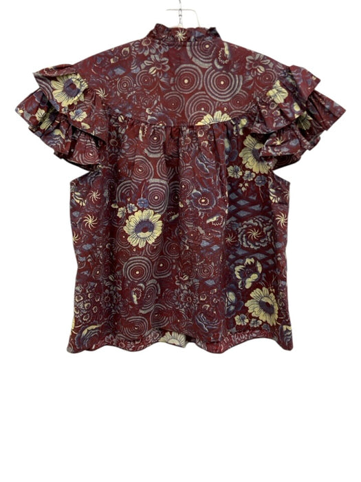 Ulla Johnson Size 8 Burgundy, Cream, Blue Cotton Floral Tiered Cap Sleeve Top Burgundy, Cream, Blue / 8
