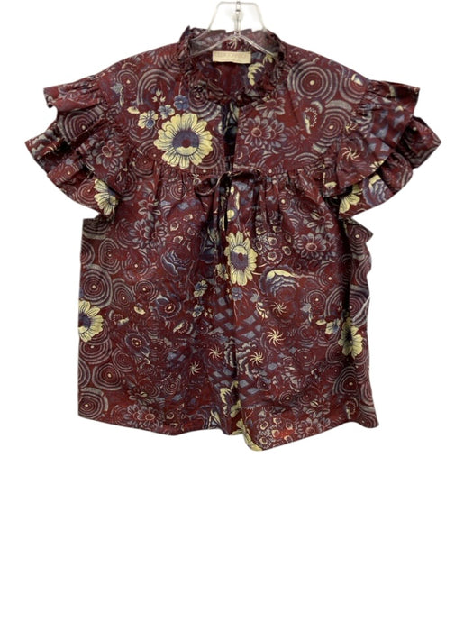 Ulla Johnson Size 8 Burgundy, Cream, Blue Cotton Floral Tiered Cap Sleeve Top Burgundy, Cream, Blue / 8