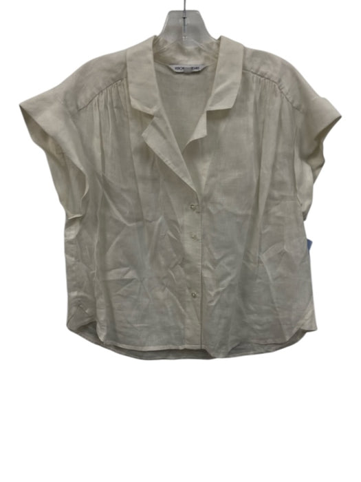 Veronica Beard Size L Cream White Linen Cuffed Cap Sleeve Button Up Collared Top Cream White / L