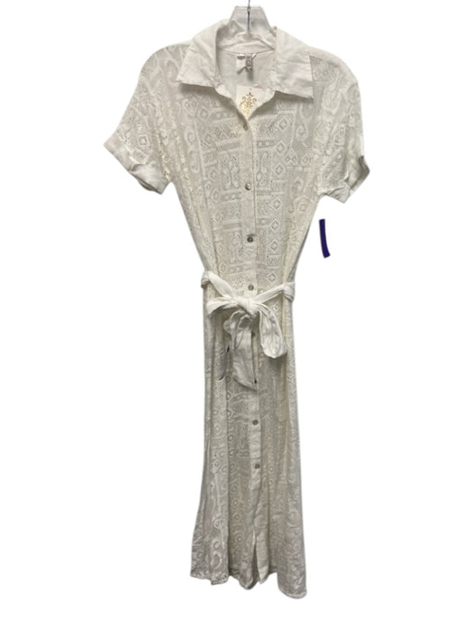 Becca Size S White Cotton Short Sleeve Button Front Lace Collared Dress White / S