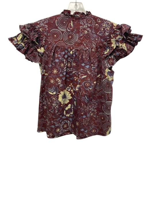 Ulla Johnson Size 4 Maroon, Cream & Blue Cotton Floral Ruffle Cap Sleeve Top Maroon, Cream & Blue / 4