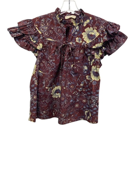 Ulla Johnson Size 4 Maroon, Cream & Blue Cotton Floral Ruffle Cap Sleeve Top Maroon, Cream & Blue / 4
