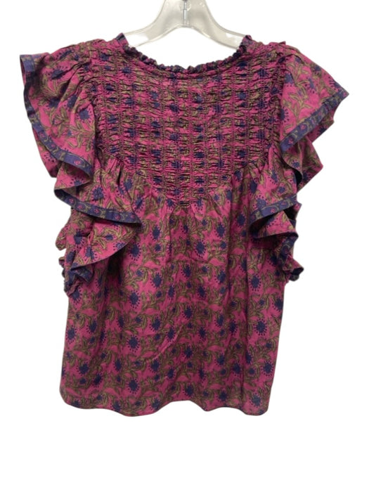 Saylor Size S Purple, Blue & Beige Cotton Floral Blocked Print V Neck Top Purple, Blue & Beige / S