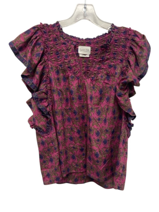 Saylor Size S Purple, Blue & Beige Cotton Floral Blocked Print V Neck Top Purple, Blue & Beige / S