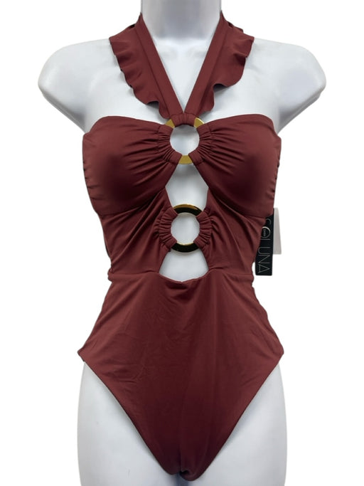 Soluna Size S Brown Nylon Blend Gold Tone Rings Tie Neck High Hip Swimsuit Brown / S