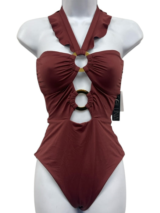 Soluna Size S Brown Nylon Blend Gold Tone Rings Tie Neck High Hip Swimsuit Brown / S