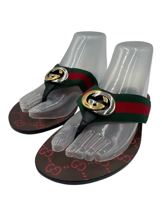Gucci Shoe Size 38 Red, Green & Black Textile & Leather Upper Gucci Web Sandals Red, Green & Black / 38
