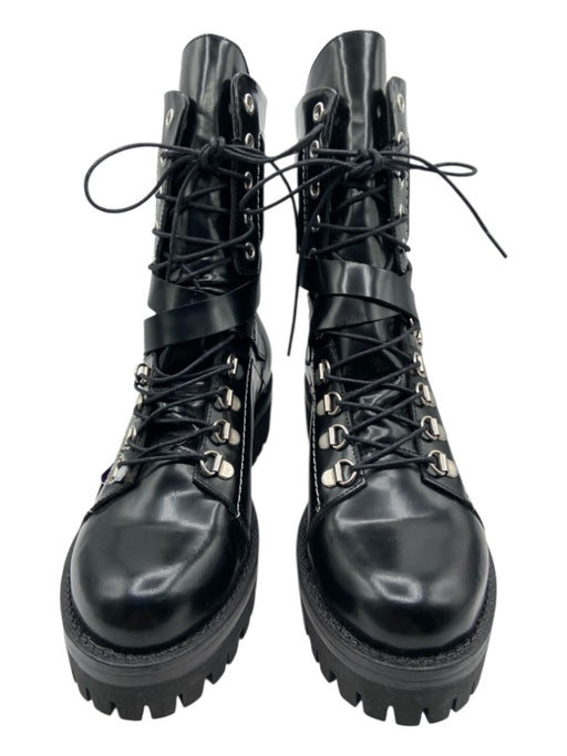 Shellys London Shoe Size 38 Black Leather round toe lace up Criss Cross Booties Black / 38