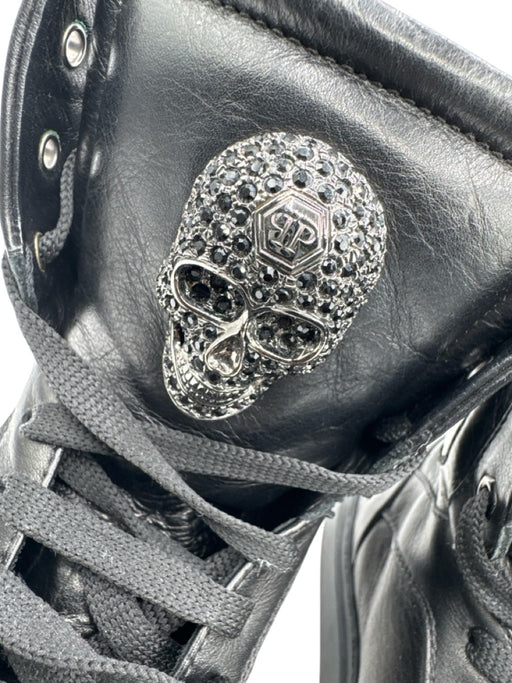 Philipp Plein Shoe Size 38 Black Leather High Rise lace up Skull Boots Black / 38