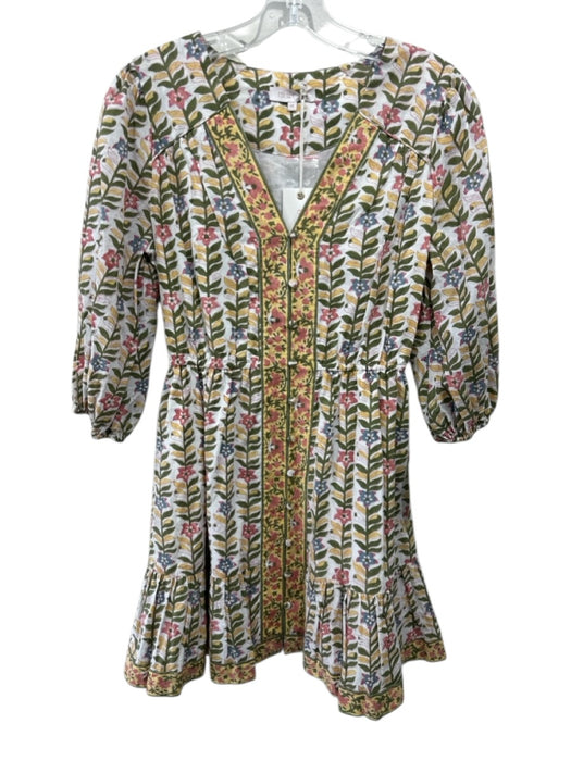 Marea Size XS White, Green & Multi Cotton Floral 3/4 Sleeve V Neck Dress White, Green & Multi / XS