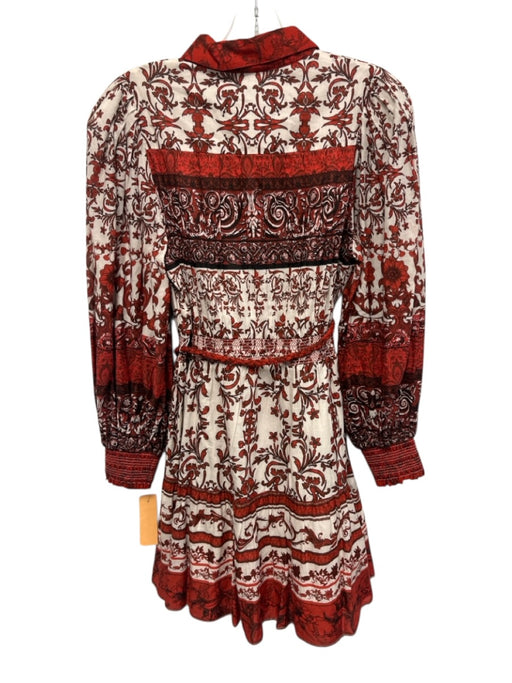 Alice + Olivia Size 6 Red, Black, White Cotton Long Sleeve Floral Shirred Dress Red, Black, White / 6