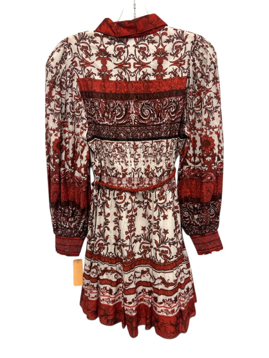 Alice + Olivia Size 6 Red, Black, White Cotton Long Sleeve Floral Shirred Dress Red, Black, White / 6