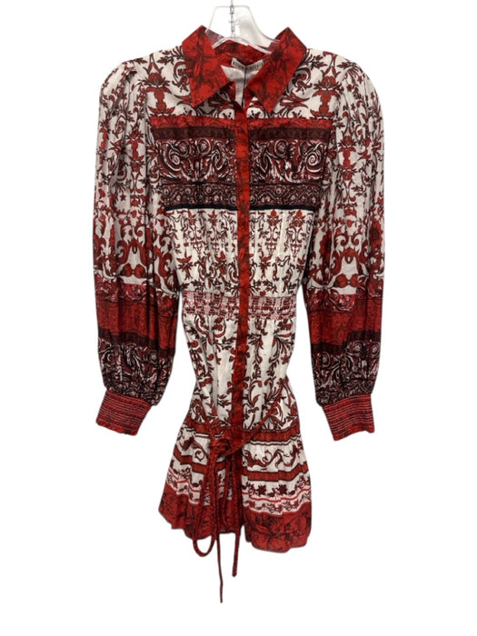 Alice + Olivia Size 6 Red, Black, White Cotton Long Sleeve Floral Shirred Dress Red, Black, White / 6