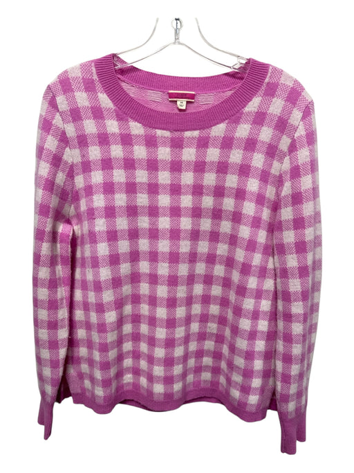 J Crew Size M Pink & White Cashmere Checked Crew Neck Ribbed Detail Sweater Pink & White / M