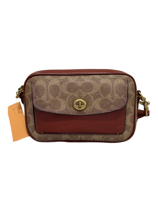 Coach Brown & Tan Coated Canvas Leather trim Brass Hardware Monogram Bag Brown & Tan / Small