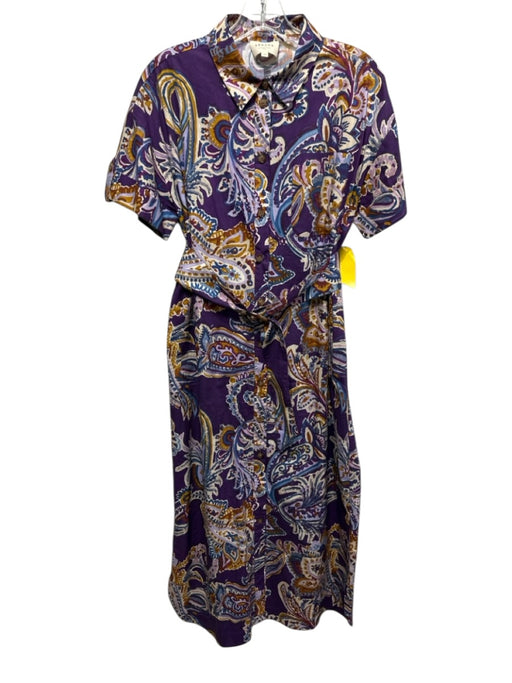 Sezane Size S/36 Purple, Blue, Brown Cotton Short Sleeve painted paisley Dress Purple, Blue, Brown / S/36