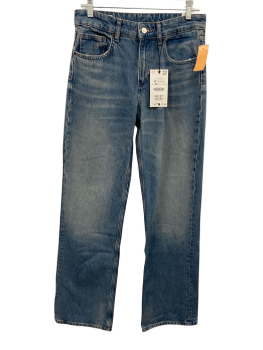 Zara Size 4 Medium Wash Cotton Blend Whiskering Mid Rise Distressed Hem Jeans Medium Wash / 4