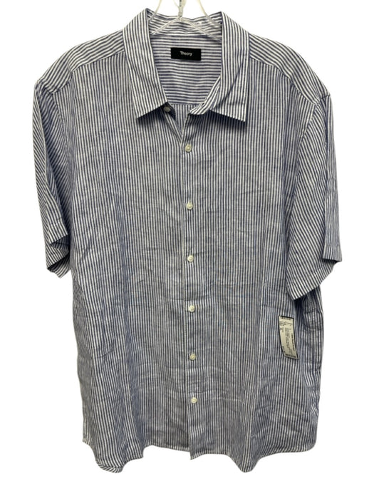 Theory Size XL Blue & White Linen Striped Button Up Button Down Short Sleeve Blue & White / XL