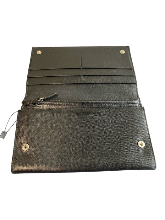 Prada Black Leather Silver Hardware Snap Closure Zip Pocket Logo Wallets Black