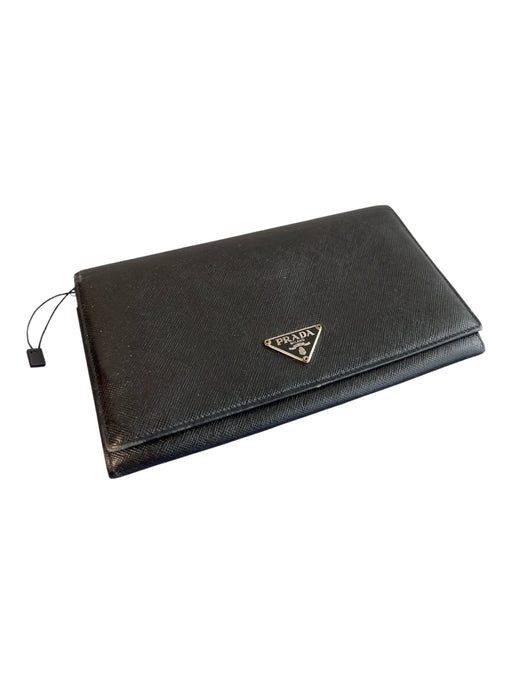 Prada Black Leather Silver Hardware Snap Closure Zip Pocket Logo Wallets Black