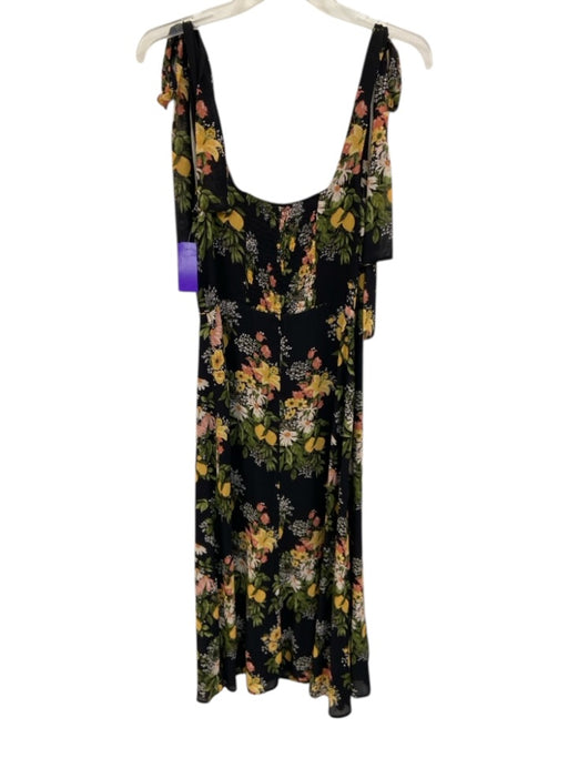 Reformation Size s / 4 Black & Multi Viscose Floral Tie Straps Side Slit Dress Black & Multi / s / 4