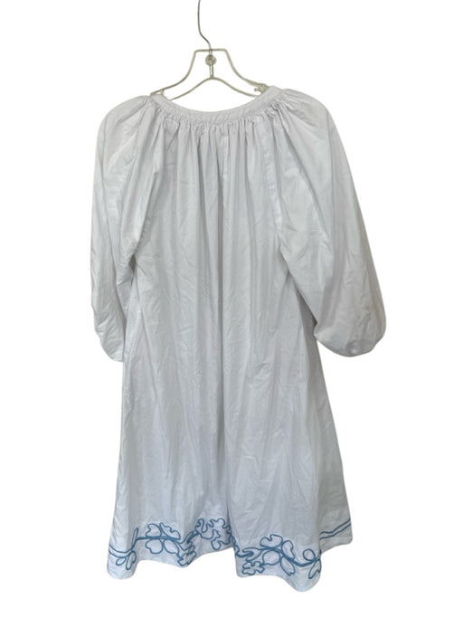 Lake Size XS White & Sky Blue Cotton Blend Embroidered Design V Neck Midi Dress White & Sky Blue / XS